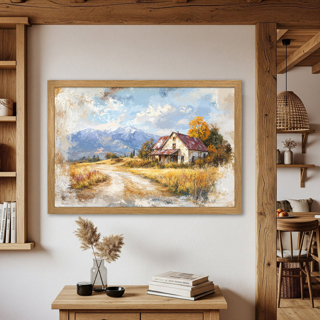 Framed Poster featuring a serene landscape painting in warm, earthy tones. Rustic style with a touch of nature. Perfect wall decor!