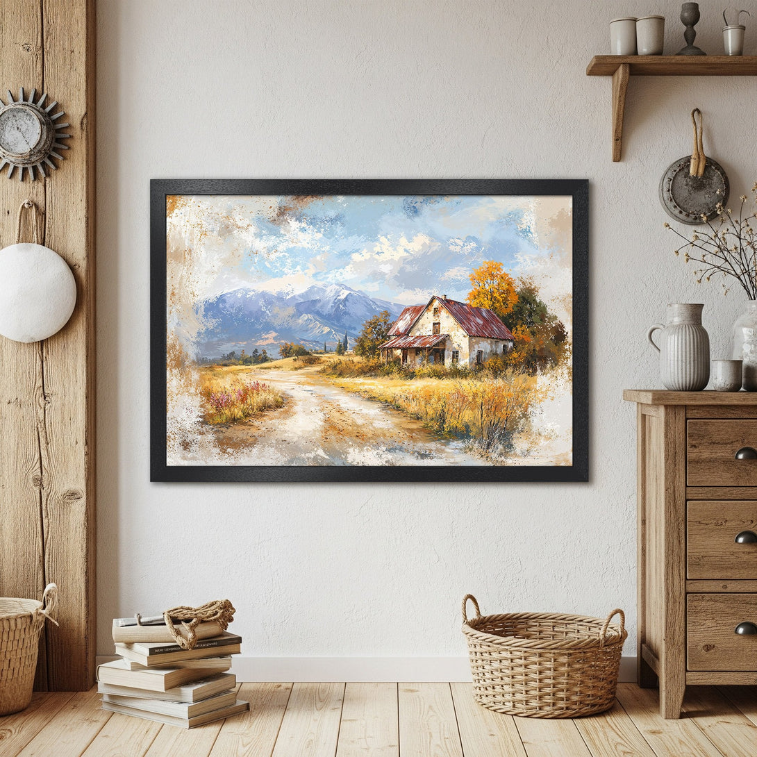 Framed Poster of a rustic landscape painting. Warm color palette with a farmhouse style. Add a touch of nature to your home!