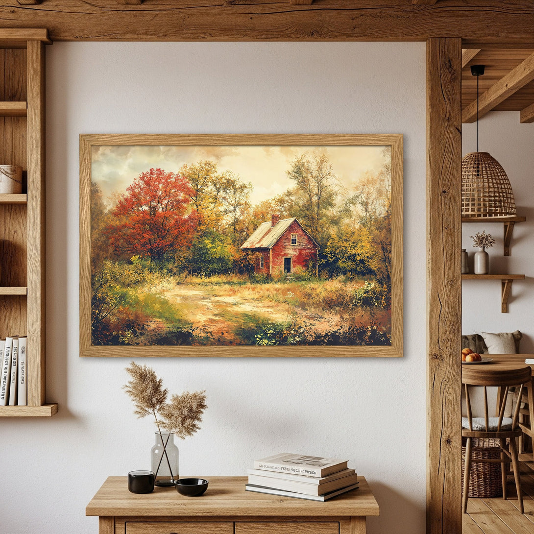 Framed Poster of a rustic cabin in fall. Warm, inviting art with a rich, autumnal color palette. Perfect for cozy home decor.