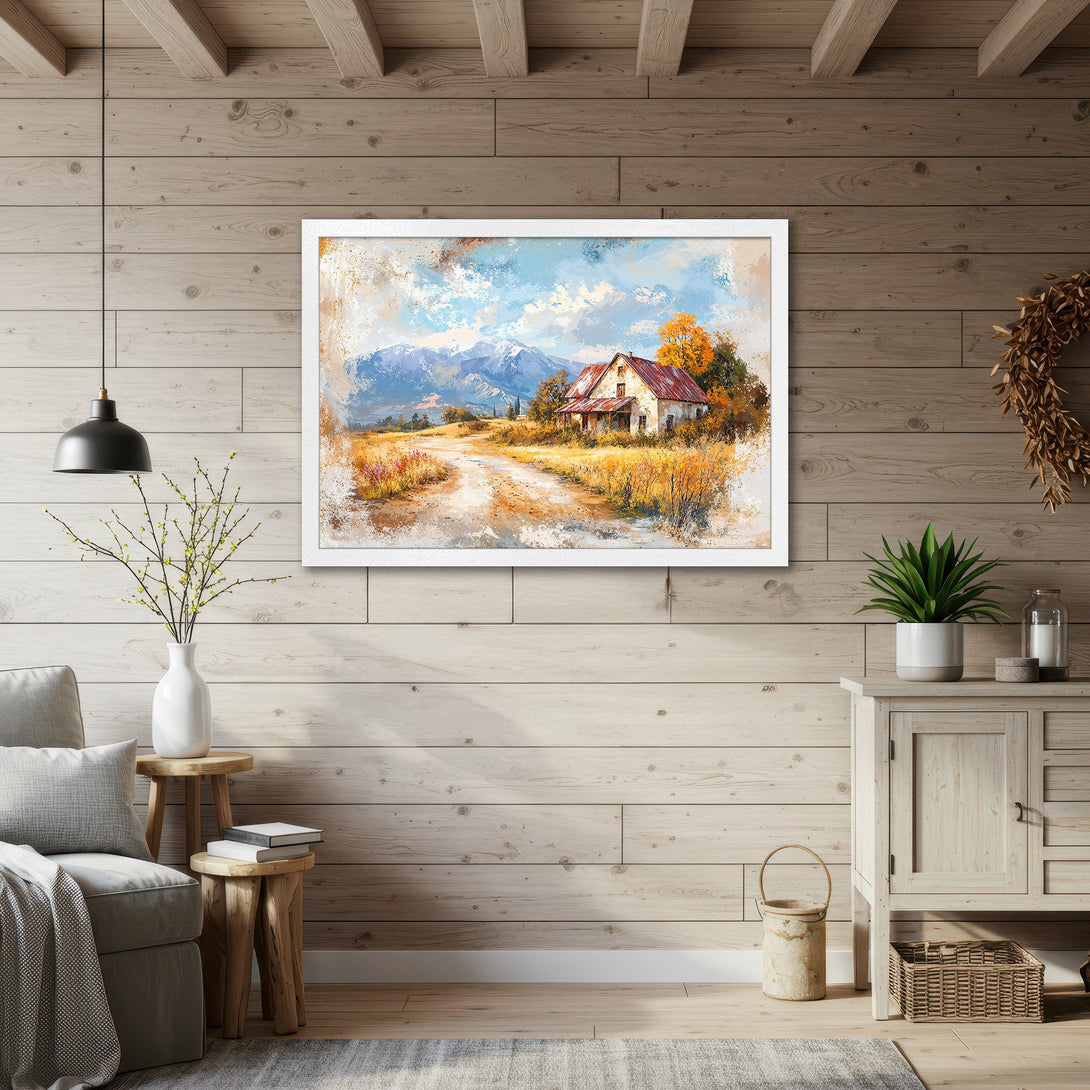 Framed Poster featuring a rustic landscape painting with a warm color palette. Perfect wall art for a cozy home.