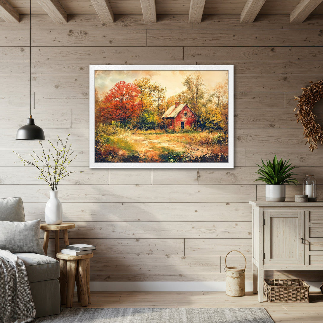 Framed Poster featuring a vibrant autumn landscape with a red cabin, in warm, earthy tones. Perfect wall art for cozy homes!