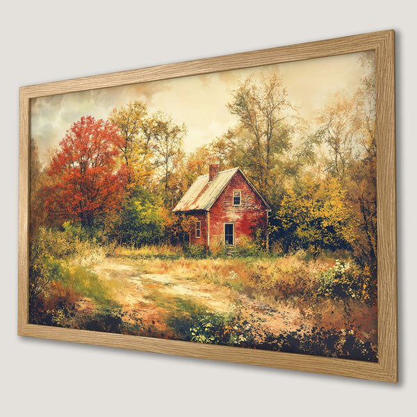 Framed Poster featuring a rustic red house in a vibrant autumn landscape, warm color palette. Add cozy charm to your space!