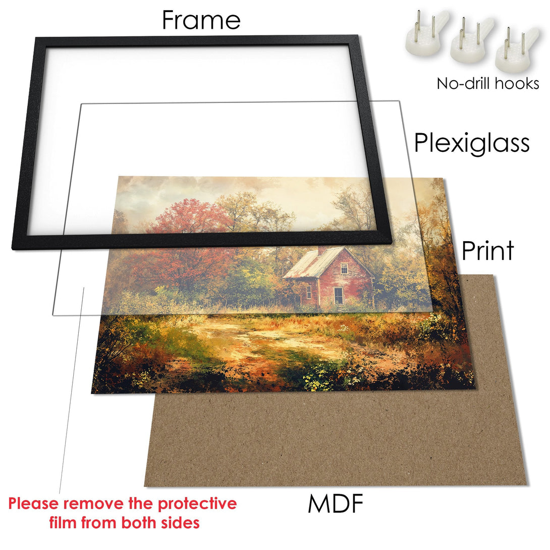 Framed Poster featuring a rustic cabin scene with warm autumn colors. Enhance your space with this beautiful art print!