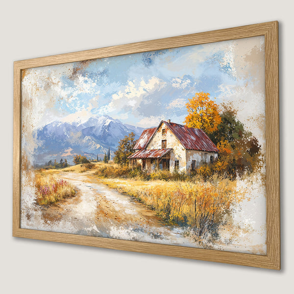 Framed Poster of a rustic farmhouse landscape in an impressionistic style, featuring warm yellows, blues, and browns.