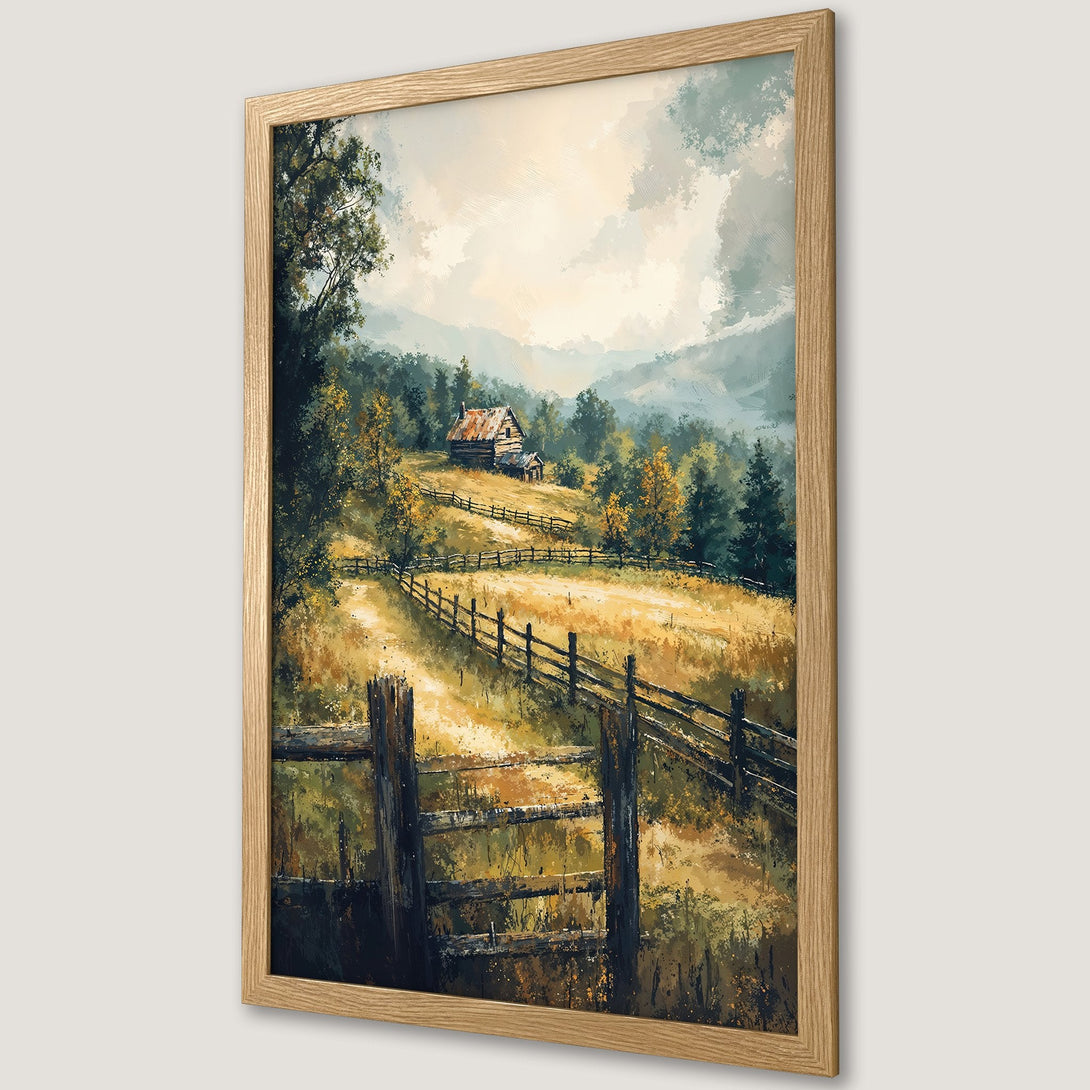 Framed Poster of a rustic landscape painting with a warm color palette. Perfect wall art for your home!