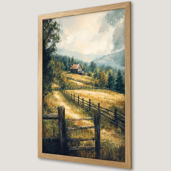 Framed Poster of a rustic landscape painting with a warm color palette. Perfect wall art for your home!
