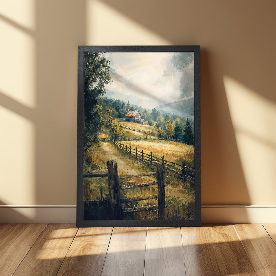 Framed Poster of a rustic landscape painting. Warm, earthy tones and impressionistic style create a cozy, inviting feel. Perfect wall art!
