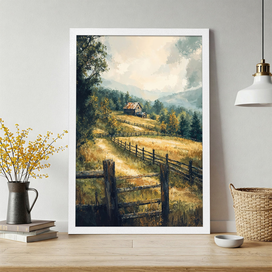 Framed Poster of a serene landscape painting with a cabin and fence, featuring a warm, earthy color palette.