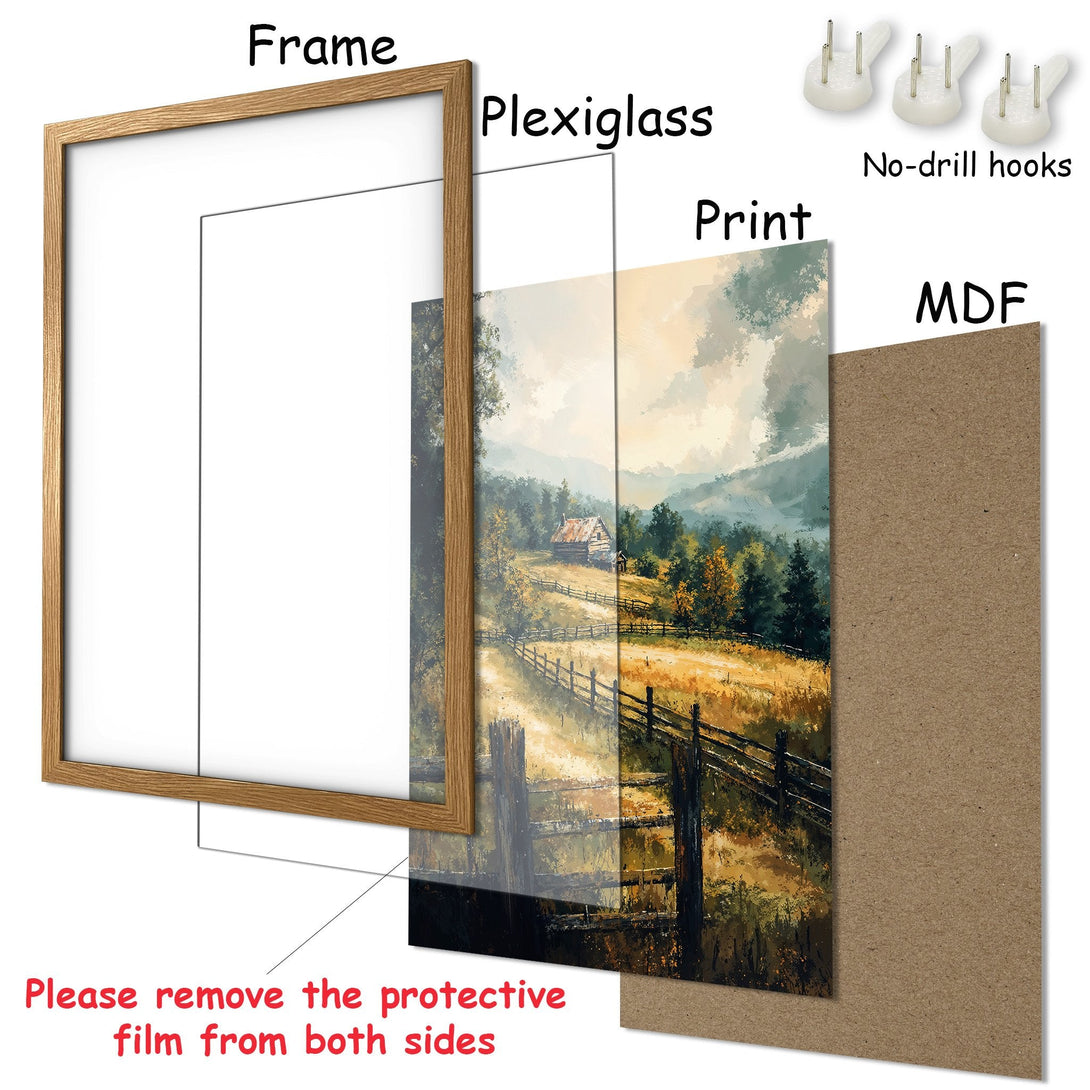 Framed Poster of a serene landscape painting in warm tones. Rustic style art print ready to hang. Add a touch of nature to your home!