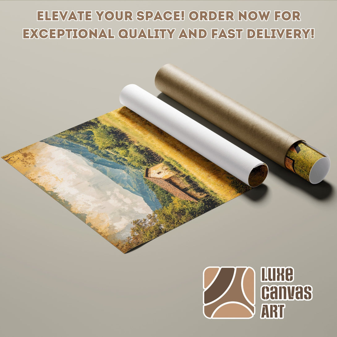 Poster Roll featuring a scenic landscape print. Rustic style with warm earth tones and blues. Elevate your space today!