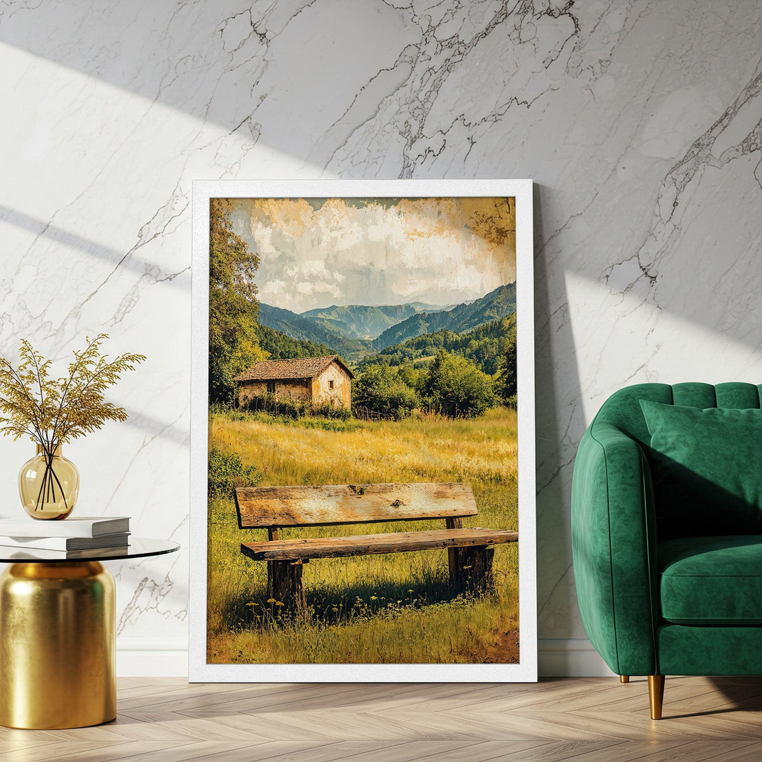 Framed Poster featuring a rustic landscape painting with warm tones. Perfect wall art to bring nature indoors.
