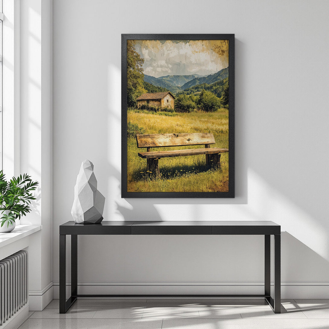 Framed Poster of a serene landscape with a bench, featuring a warm, earthy color palette. Perfect for adding a touch of nature to your space!