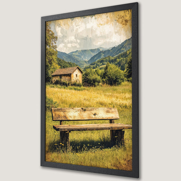 Framed Poster of a serene landscape with a rustic bench, featuring a warm, earthy color palette. Perfect wall art for your home!