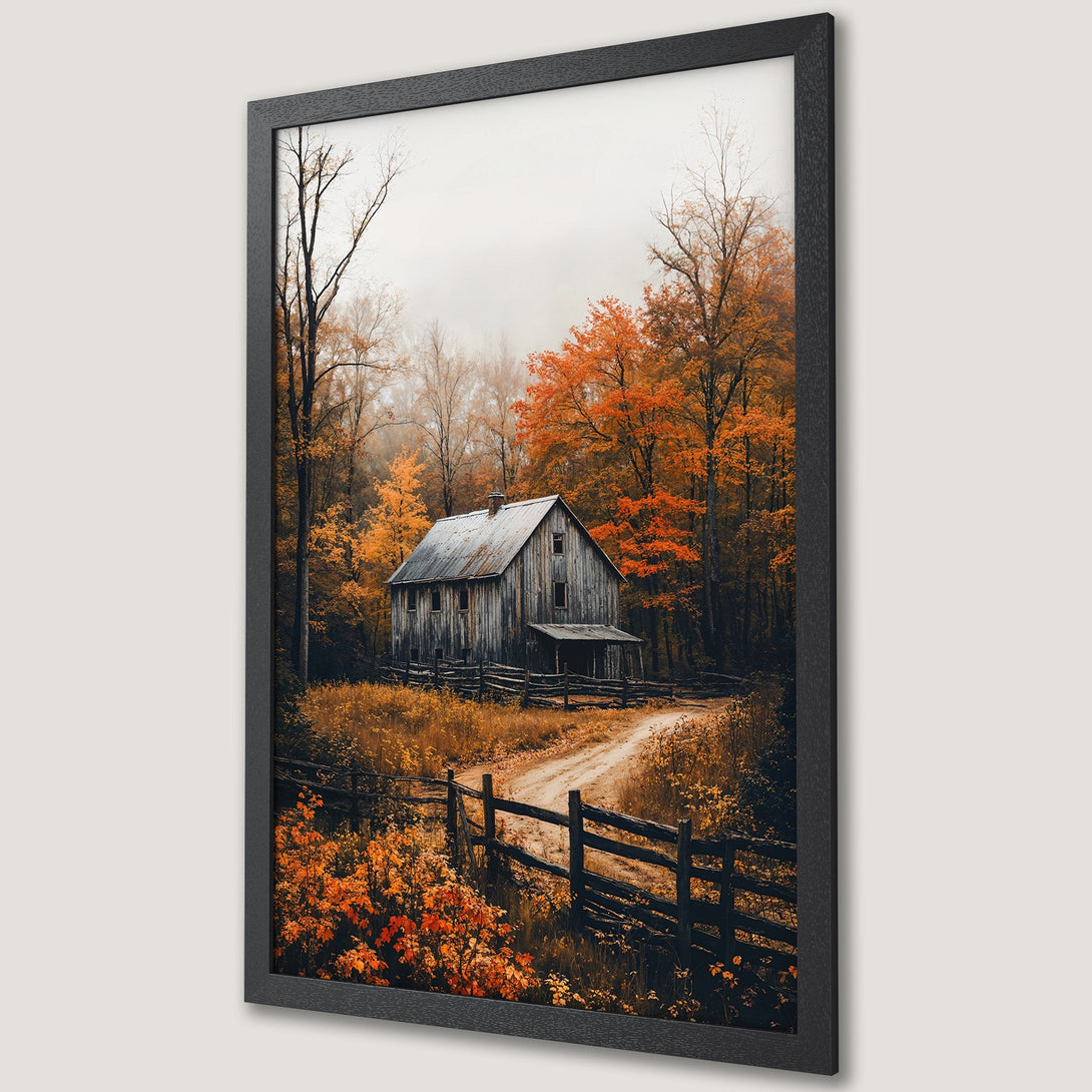 Framed Poster of rustic barn in autumn forest. Warm orange & brown color palette. Perfect wall art for cozy decor.