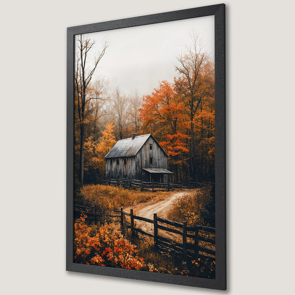 Framed Poster of rustic barn in autumn forest. Warm orange & brown color palette. Perfect wall art for cozy decor.