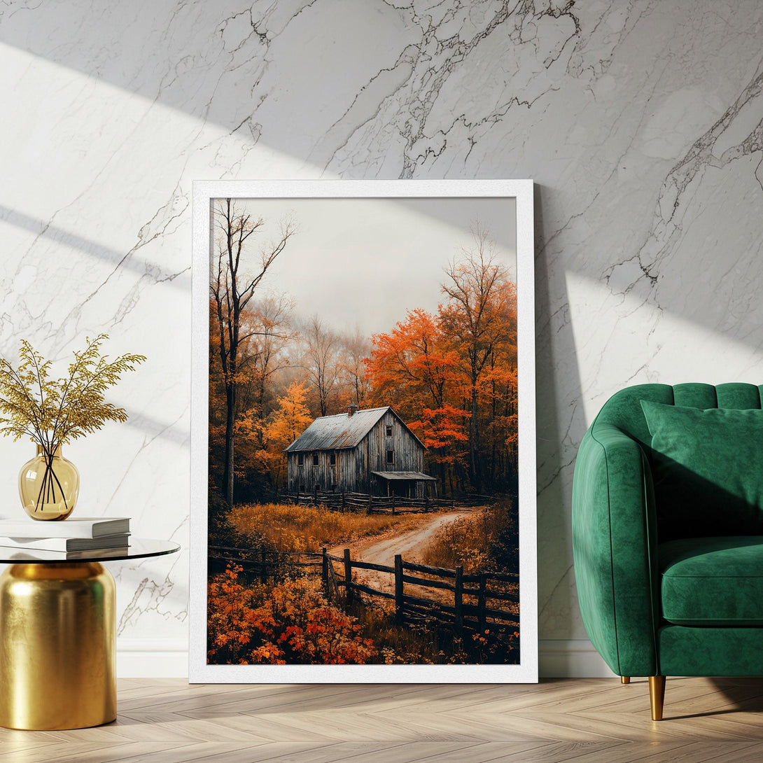 Framed Poster featuring a rustic barn scene in autumn colors. Warm orange and brown tones create a cozy, inviting aesthetic. Perfect wall art!