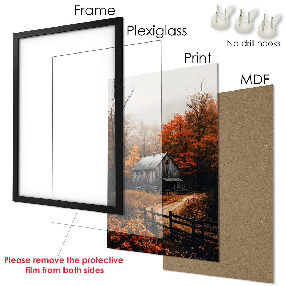 Framed Poster featuring a rustic barn scene with warm autumn colors. Perfect wall art for your home!