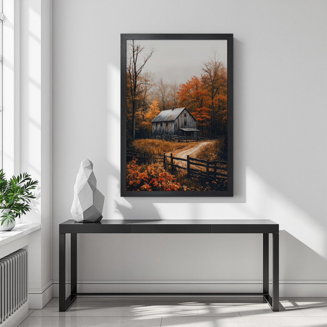 Framed Poster of a rustic barn in autumn forest, warm orange and brown tones. Perfect wall art for your home!