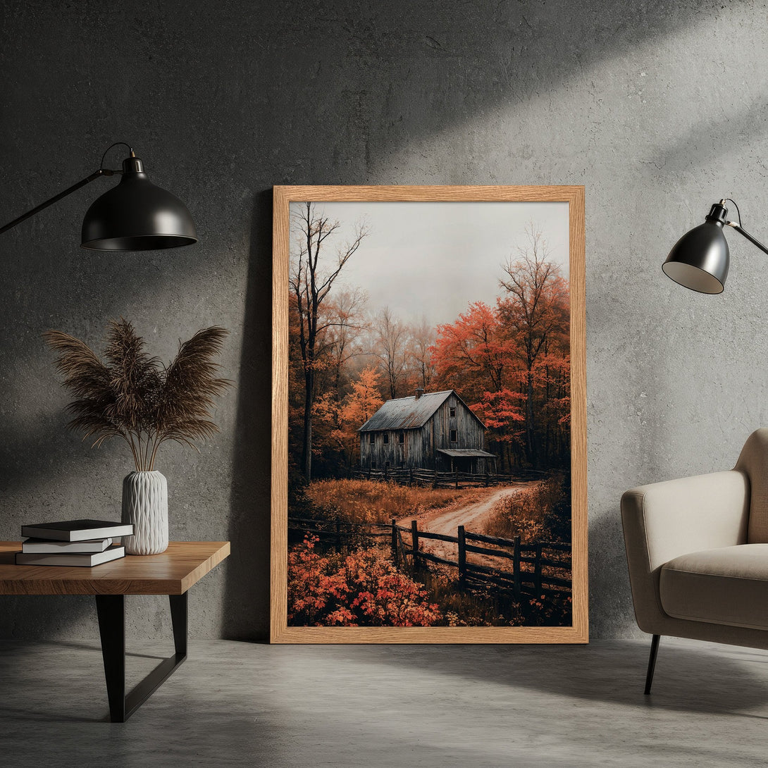 Framed Poster featuring a rustic barn scene in autumn. Warm, earthy tones of orange, brown, and gray create a cozy, vintage style. Perfect wall art!