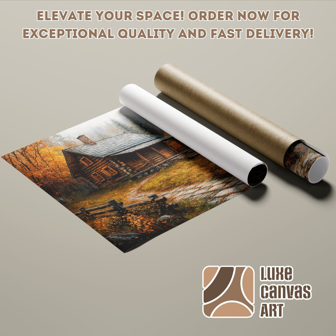 Poster Roll featuring a cabin in an autumn landscape, warm color palette. Order yours today!