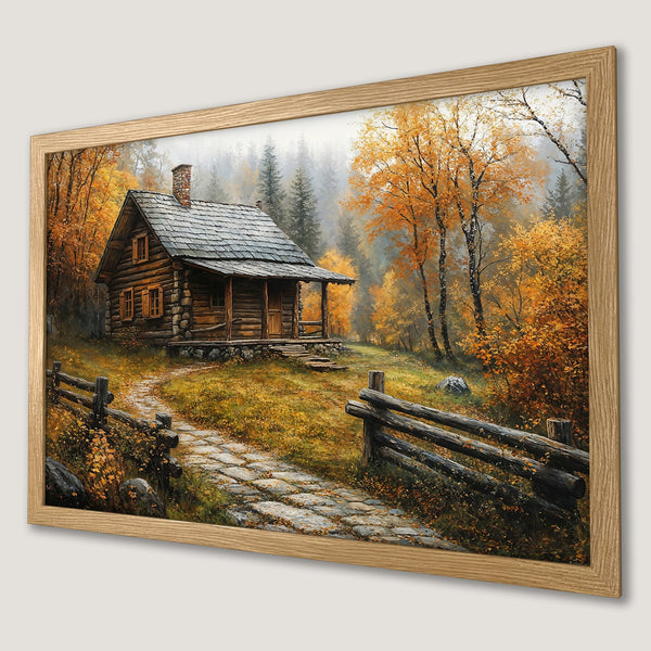 Framed Poster of a cozy cabin in the autumn forest. Warm, inviting colors and a rustic style create a perfect home decor piece.
