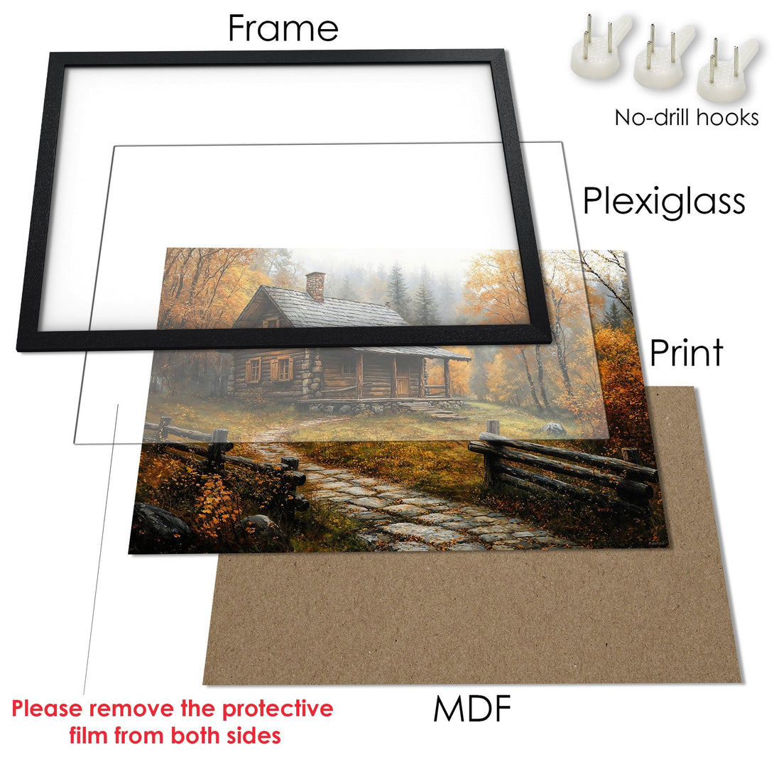 Framed Poster of a cabin in a forest, showcasing warm autumn colors and a serene landscape. Perfect wall art!