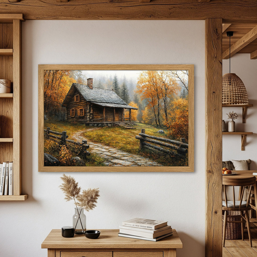 Framed Poster of a cozy cabin in autumn. Warm, inviting colors. Perfect for rustic decor.