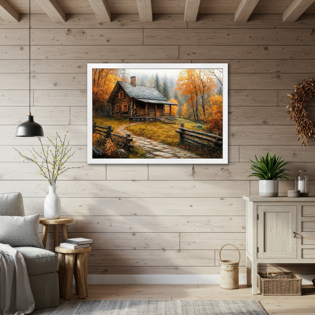 Framed Poster of a cozy cabin in autumn, warm color palette, perfect for rustic decor.