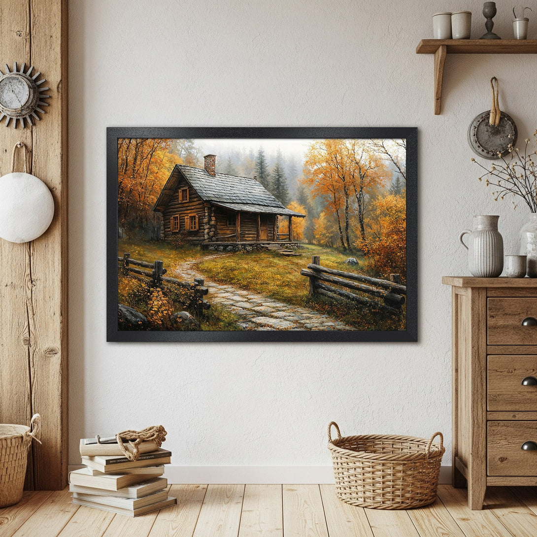 Framed Poster of a cozy cabin in autumn. Rustic style, warm orange and brown color palette. Perfect wall art!