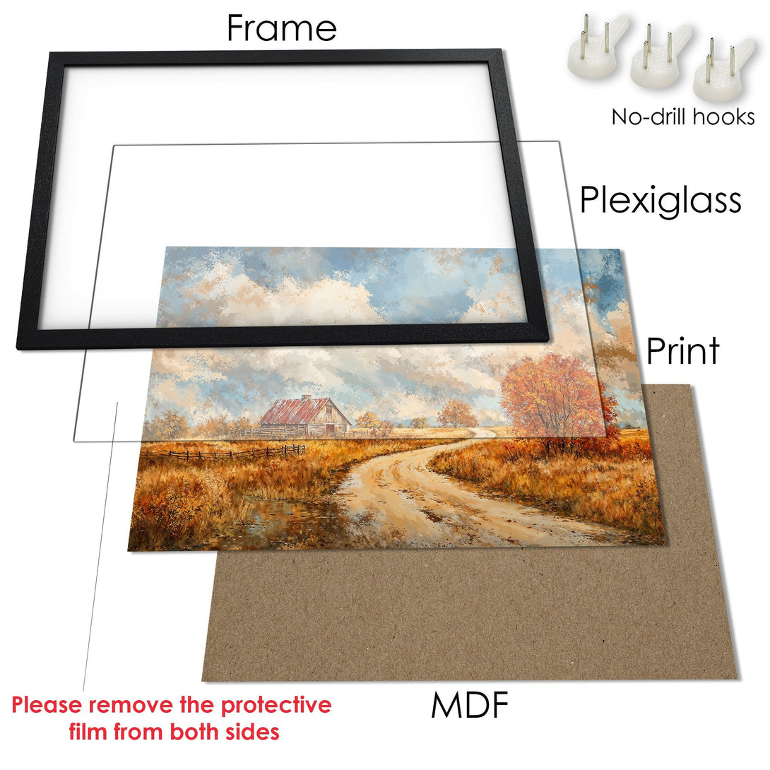 Framed Poster of a serene landscape painting with a warm color palette. Perfect wall art for your home!