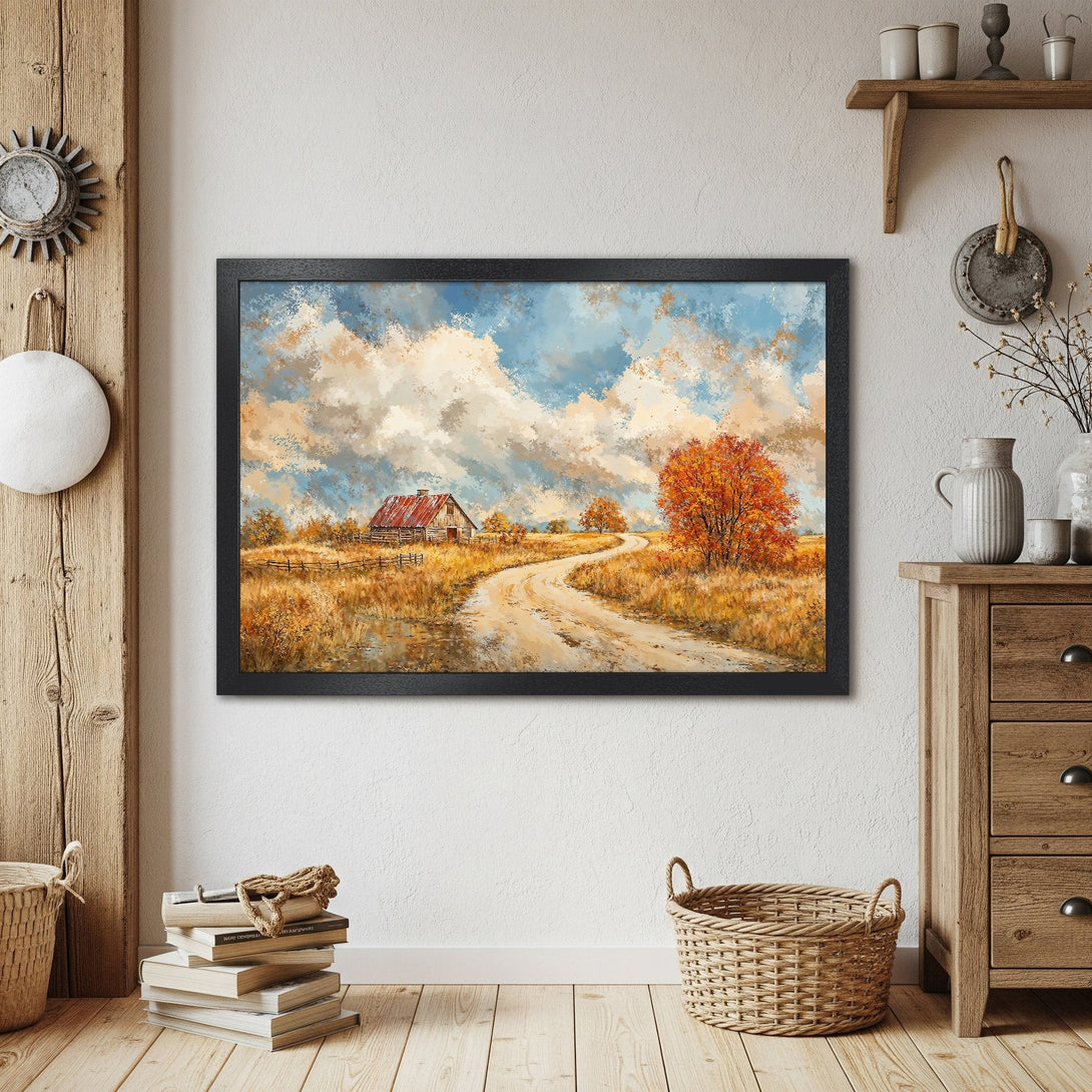 Framed Poster of a rustic landscape painting. Warm color palette with blue sky, orange trees, and golden fields. Perfect wall art.