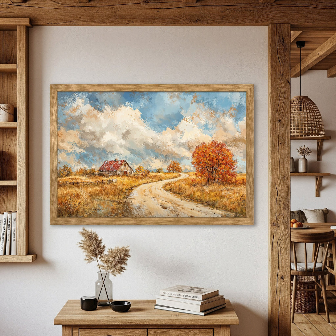 Framed Poster of a scenic countryside landscape painting in warm, earthy tones. Rustic art for your home.