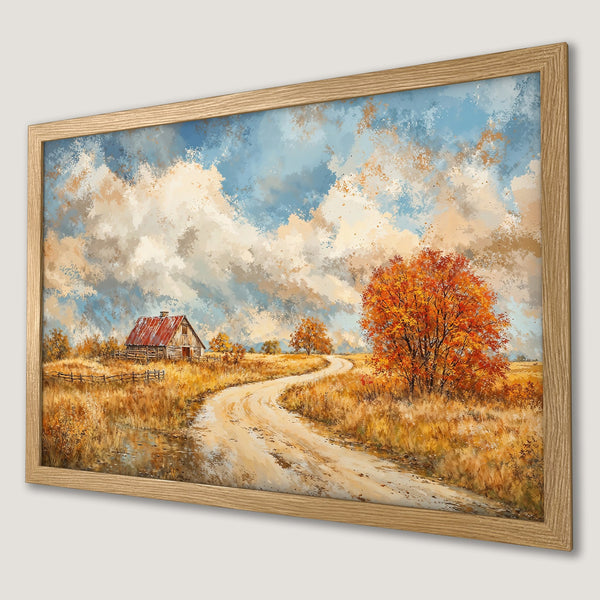 Framed Poster of a rustic landscape painting. Warm autumn colors and impressionistic style. Perfect wall art!