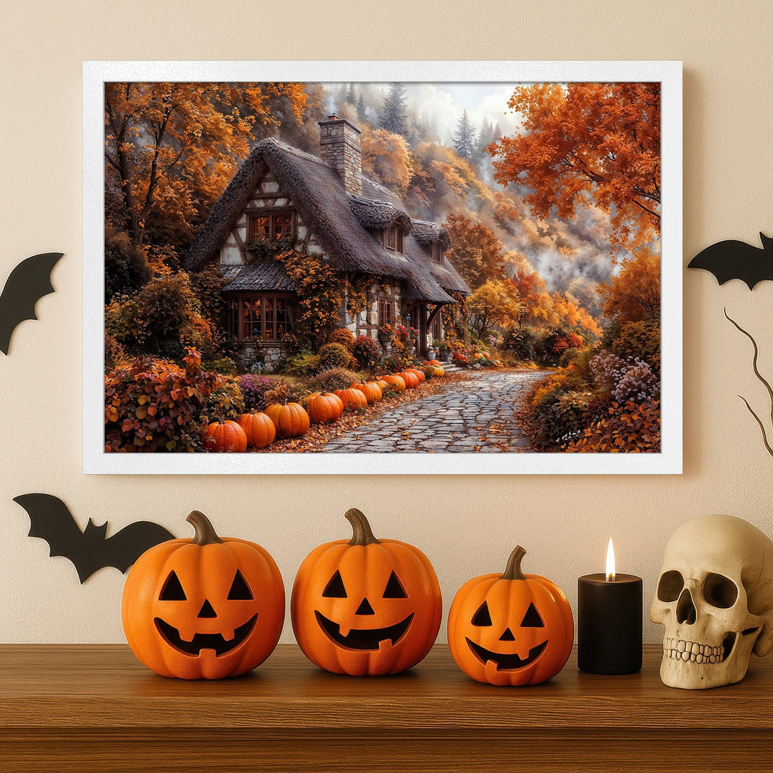 Framed Poster: Autumn cottage scene with orange and brown color palette. Perfect fall decor.