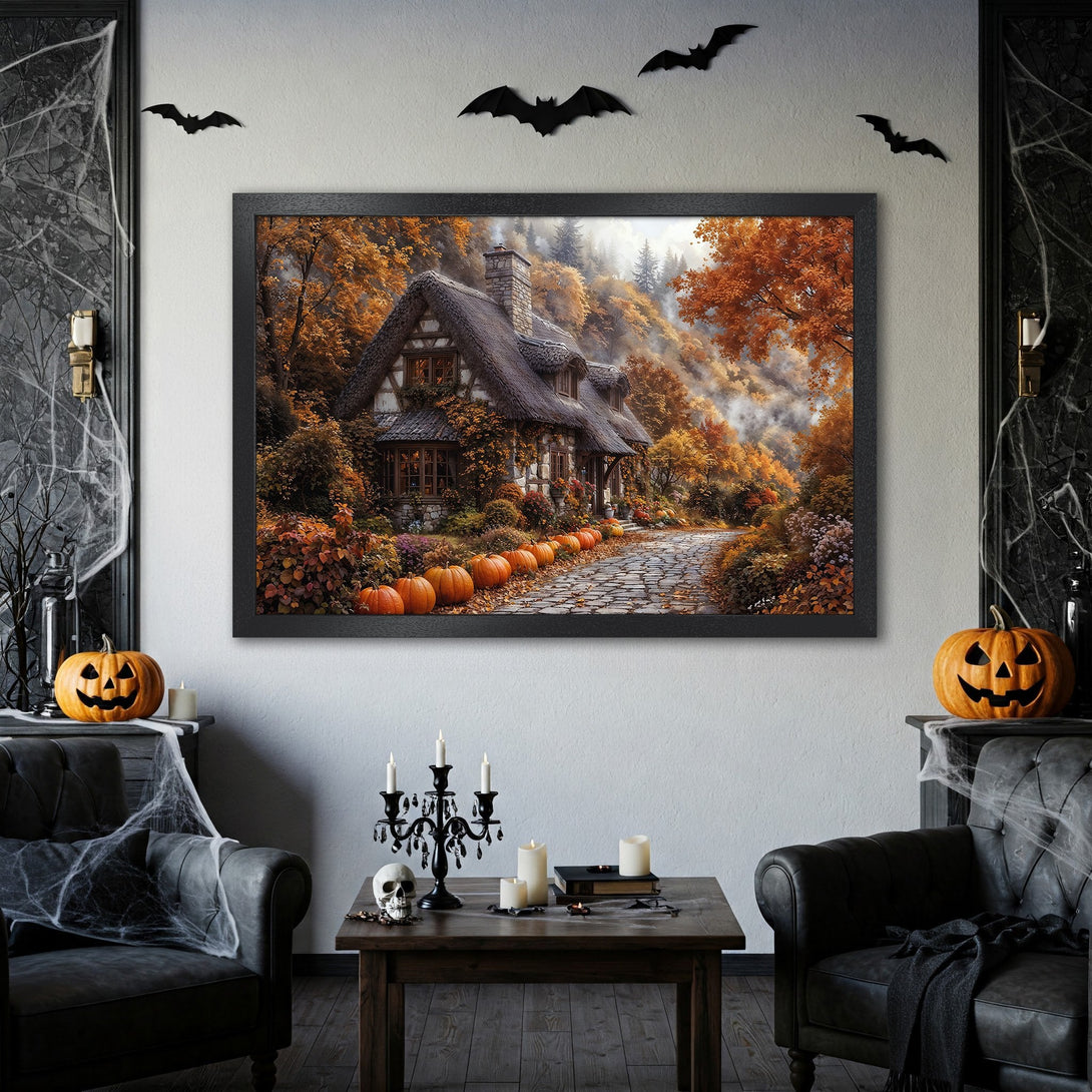 Framed Poster featuring a cottage scene in autumn colors. Warm orange and brown tones create a cozy, seasonal vibe. Perfect Halloween decor!