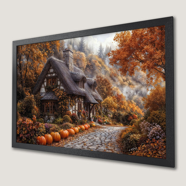 Framed Poster of a cozy cottage in autumn. Rustic style with warm orange and brown color palette. Perfect fall decor!