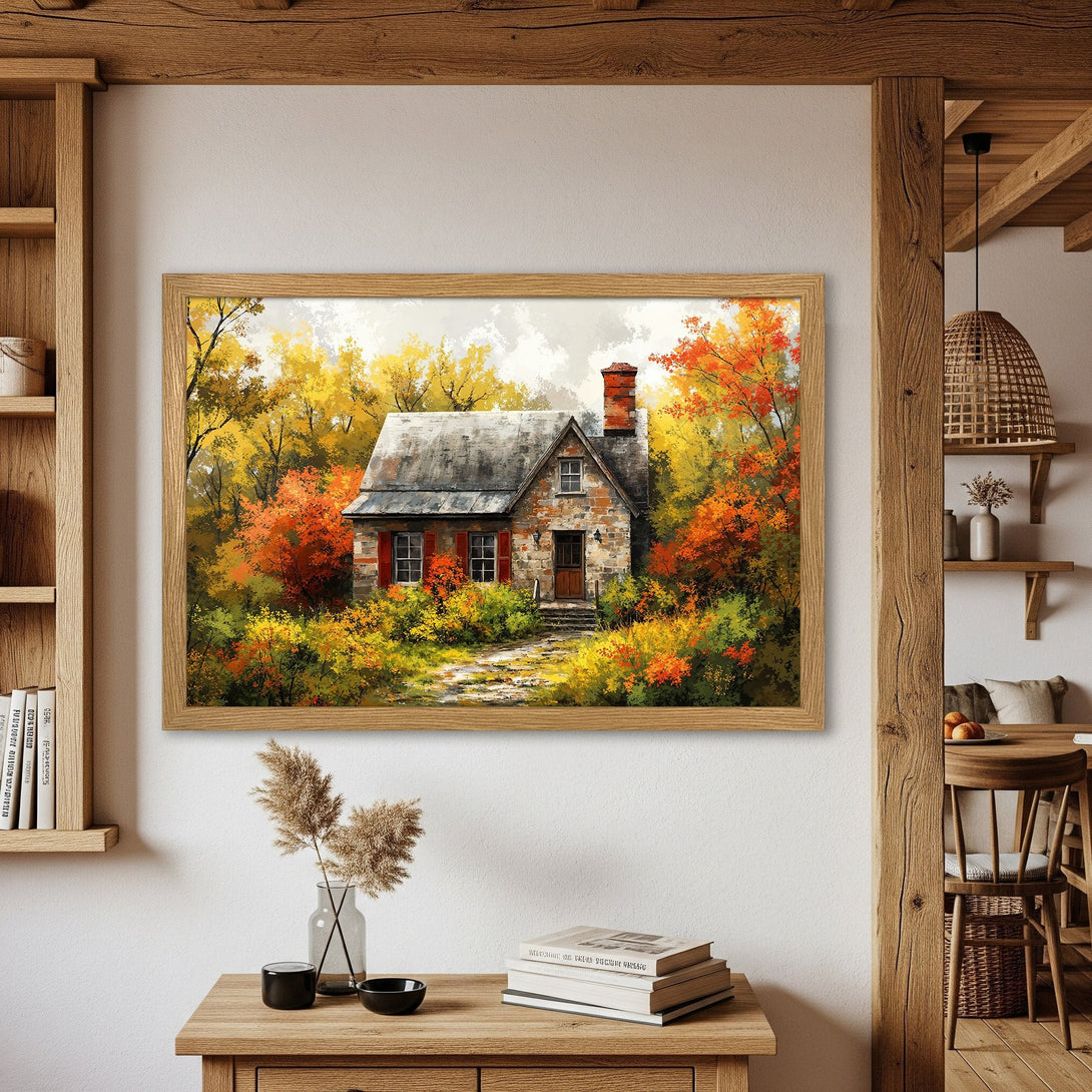 Framed Poster of a cozy cottage in autumn colors. Warm, inviting art print for your home. Featuring a vibrant orange and yellow palette.