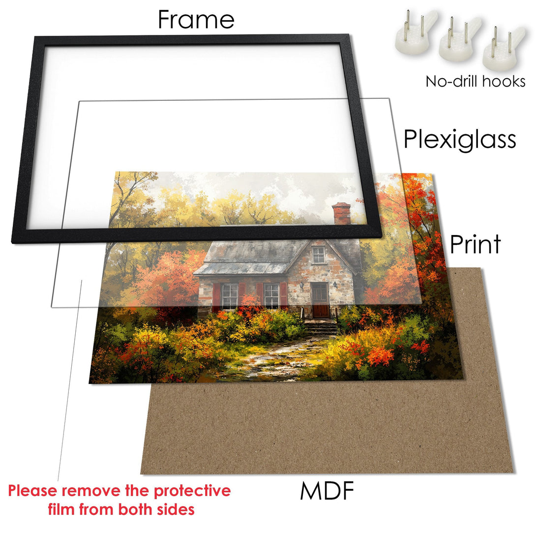 Framed Poster of a cozy cottage in autumn colors. Rustic style with warm yellows, oranges, and greens. Perfect wall art!