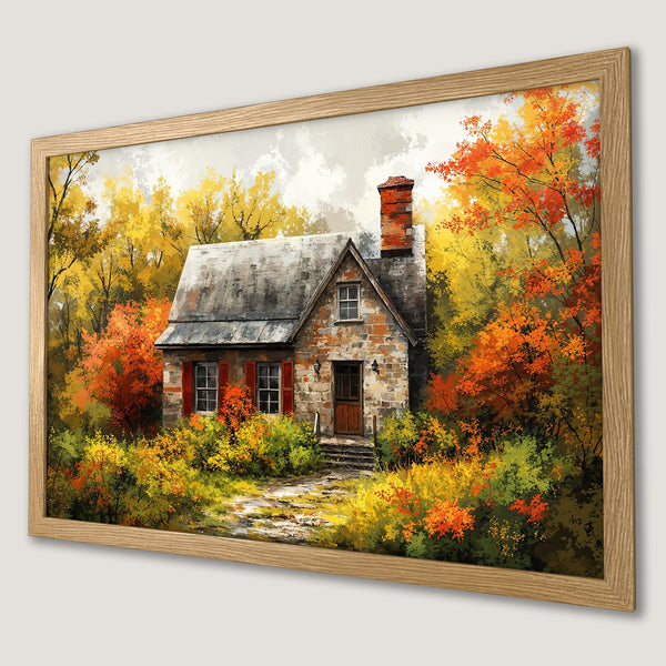 Framed Poster of a cozy cottage in autumn. Warm color palette of orange, yellow, and green. Perfect wall art for a rustic home decor.
