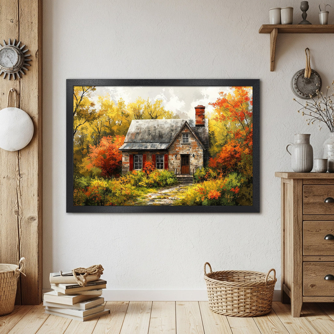 Framed Poster of a charming cottage in autumn. Warm color palette with yellows, oranges, and greens. Rustic style, perfect for home decor.