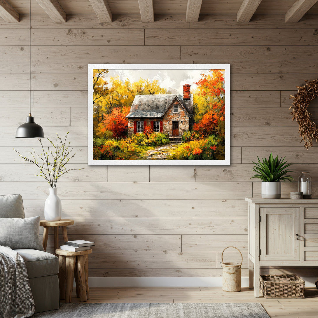 Framed Poster of a charming cottage scene in vibrant autumn colors. Perfect wall art for a cozy, rustic aesthetic.
