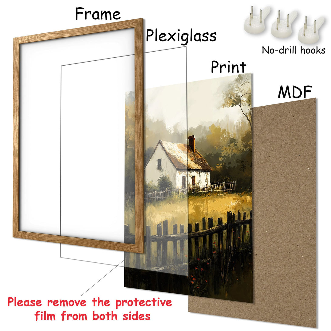 Framed Poster featuring a serene landscape with a charming cottage, warm color palette, and ready-to-hang design.