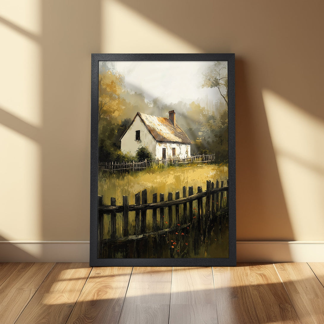 Framed Poster of a serene cottage landscape, featuring a warm, earthy color palette. Perfect wall art for a cozy home.