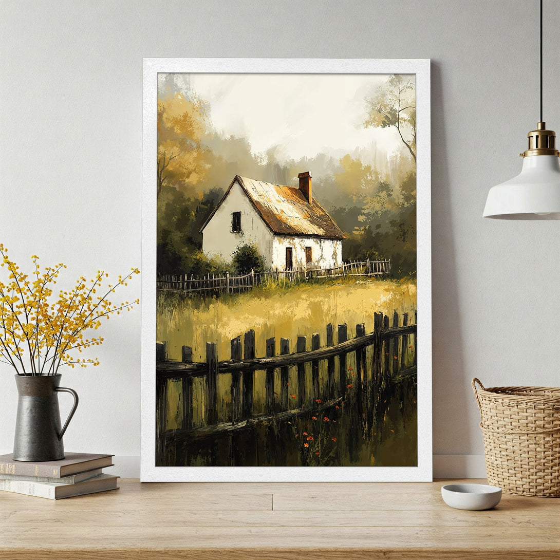 Framed Poster of a rustic cottage in a painterly style, with a warm, earthy color palette. Perfect wall art for your home!