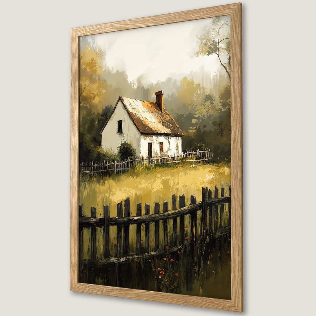 Framed Poster of a charming cottage in a serene landscape, featuring a rustic style with warm yellow and green hues.