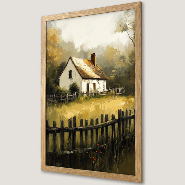 Framed Poster of a charming cottage in a serene landscape, featuring a rustic style with warm yellow and green hues.