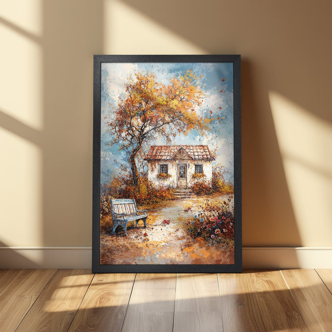 Framed Poster featuring a charming cottage scene in a painterly style with warm autumn colors. Perfect for cozy home decor!