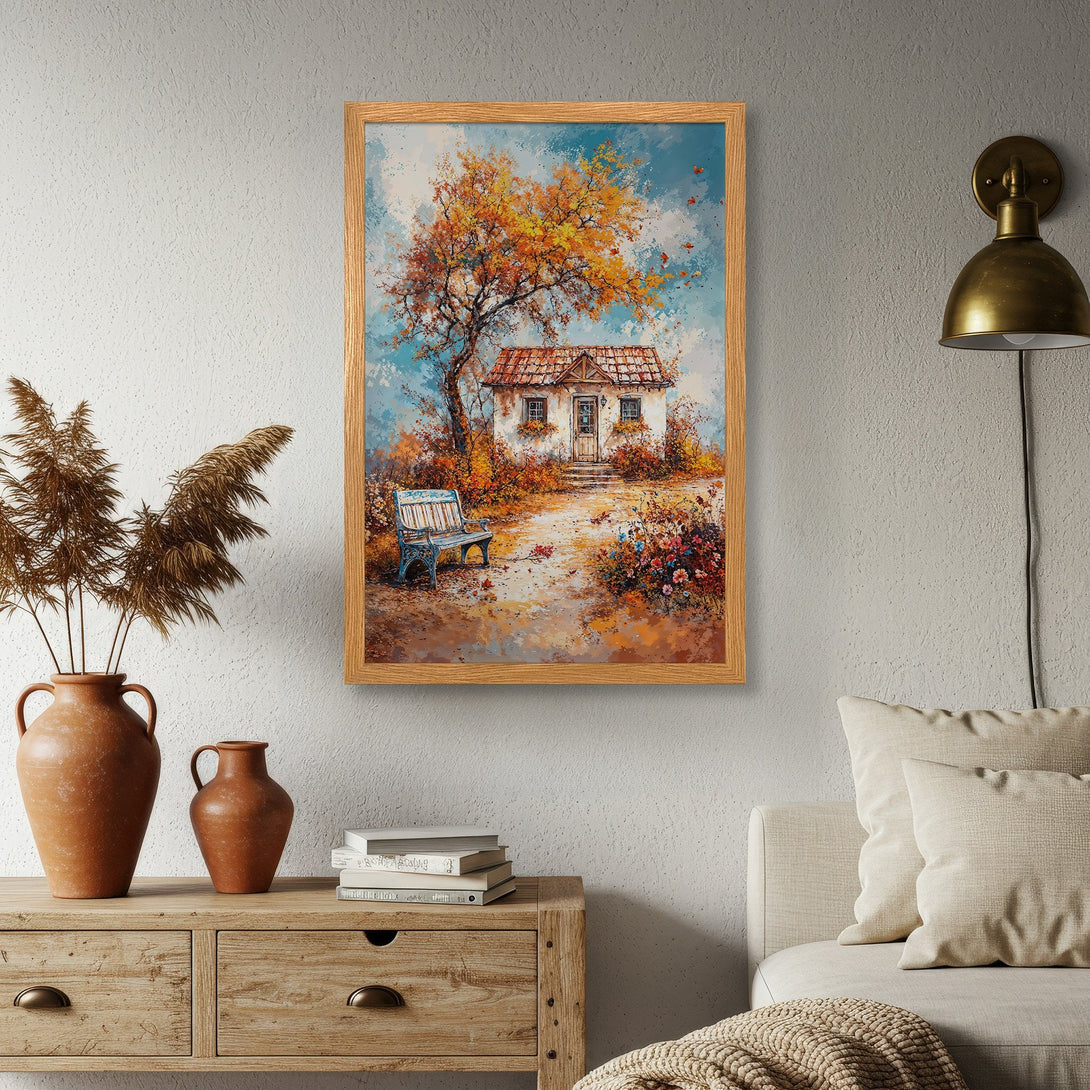 Framed Poster of a cozy cottage scene in a warm, autumnal color palette. Perfect art for home decor, add a touch of charm!