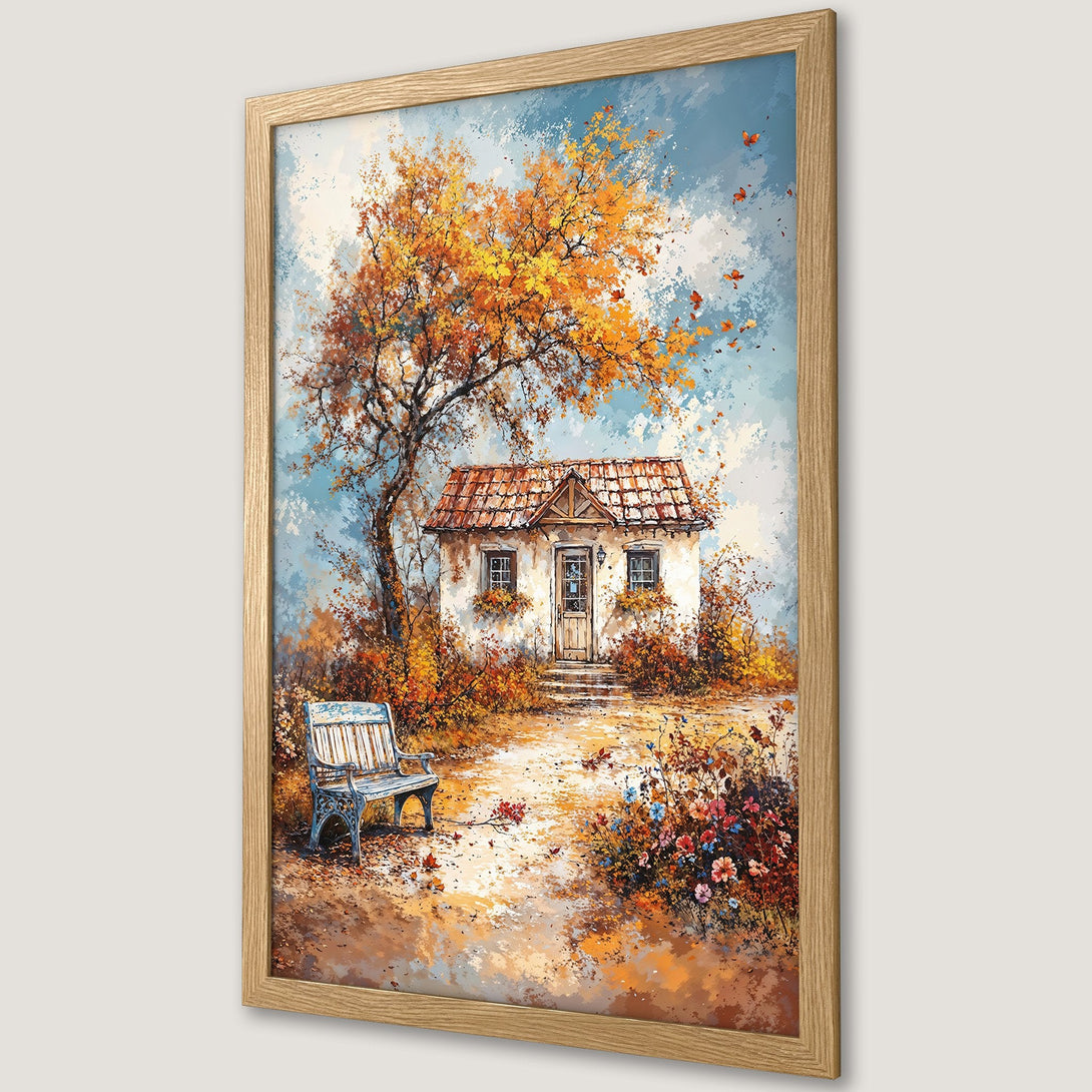 Framed Poster of a charming cottage scene in an impressionist style. Warm autumn color palette with orange, yellow, and blue hues. Perfect wall art!
