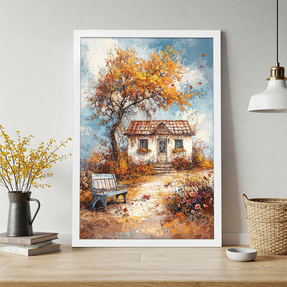 Framed Poster of a charming cottage scene. Impressionistic style with warm autumn colors: orange, brown, and blue. Perfect wall art!